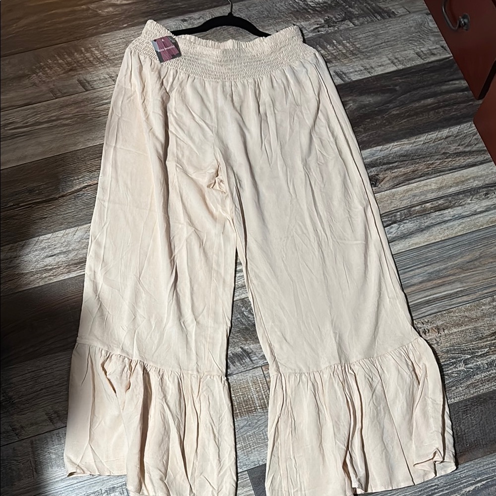 Cream Wide-Leg Ruffle Pants -NWT